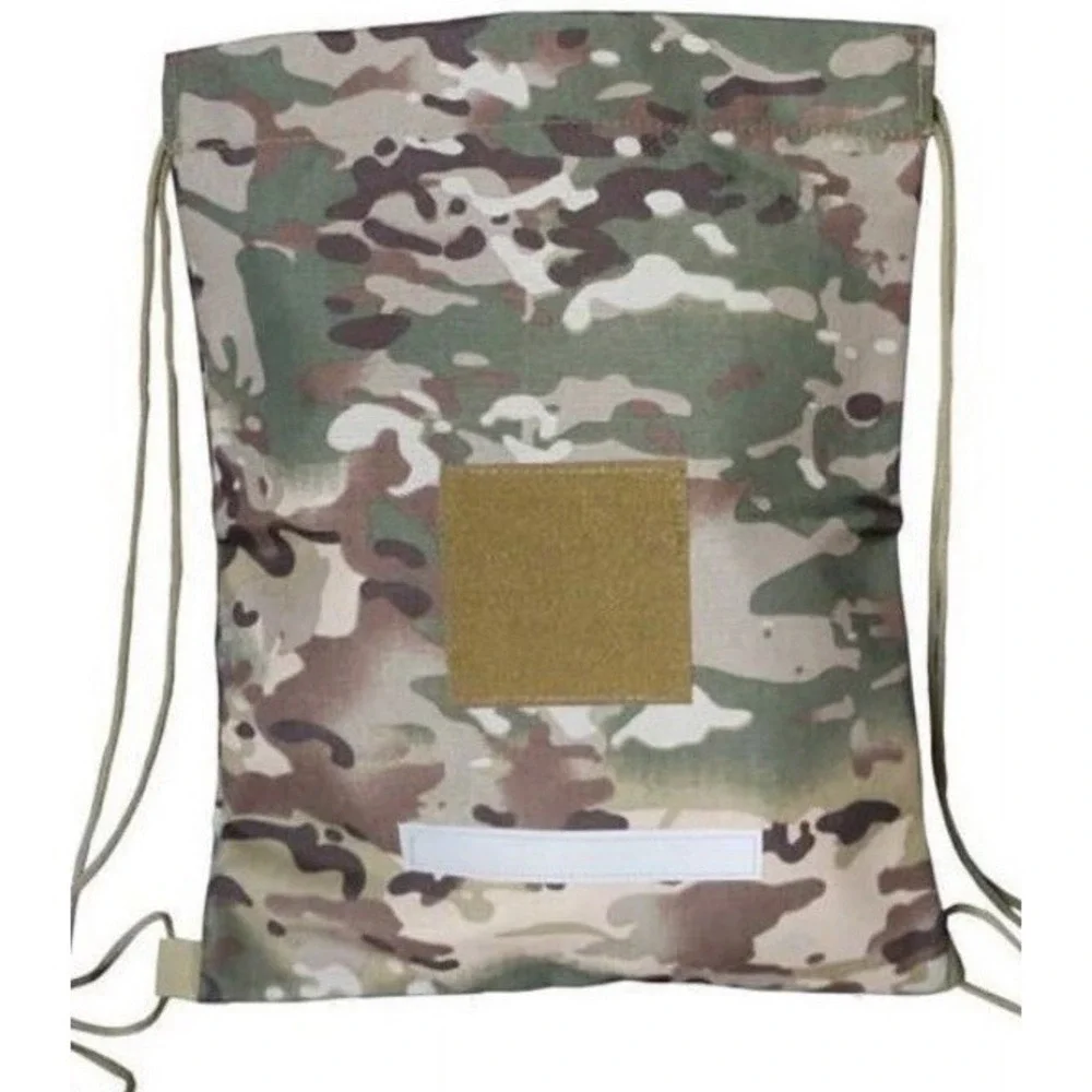 Set of 3 Tactical Nylon Drawstring Backpacks Black Tan Camo 16.5